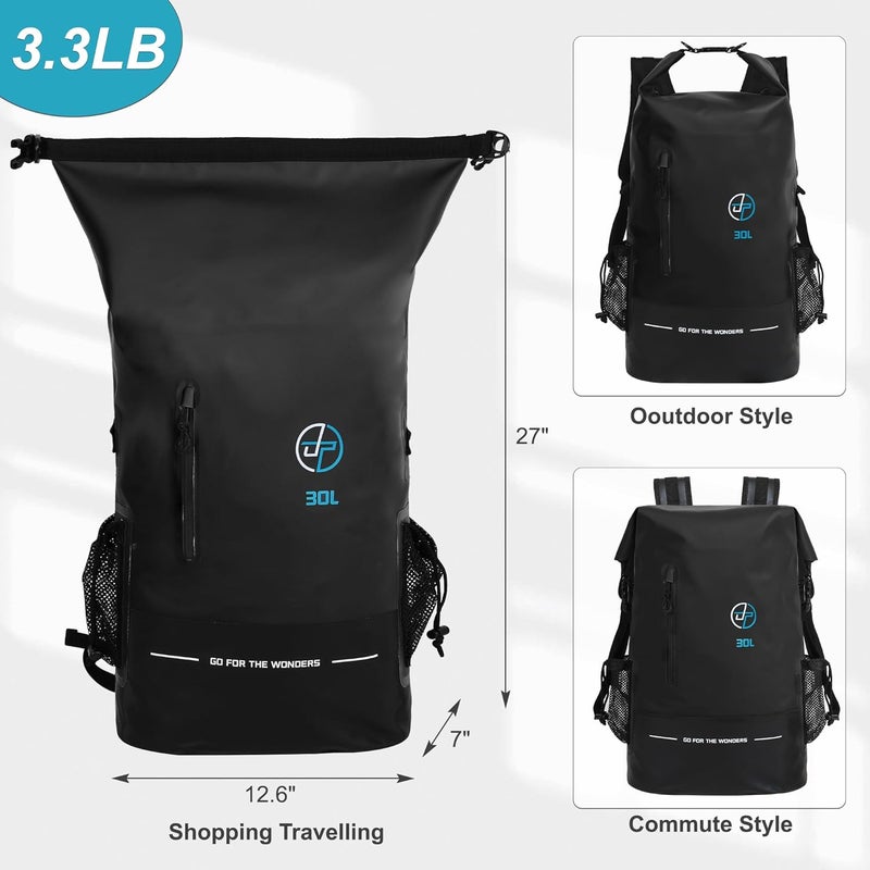 UPWELL 30L Waterproof Dry Bag Boating Backpack for Travel Hiking Camping Kayaking Hiking Swimming Floating Submersible Dry Bag Black - Image 2
